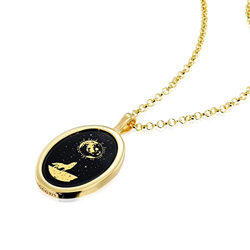 Gold Plated Silver I Love You To The Moon And Back Necklace Pure Gold Inscribed Nostalgic Howling Wolf And Stars On Onyx Gemstone Anniversary Birthday Gift Pendant For Her, 18" Chain #TOP5