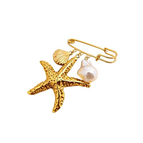 Gold Safety Pin Brooches Set, Vintage Style Gold Plated Brooch Pins with Charms, Fashion Lapel Pins for Women Girls Scarf Sweater Coat Jewelry Gift (Starfish)