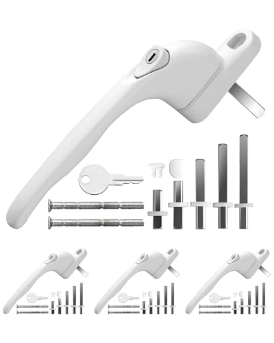 eSynic 4pack Universal Window Handles for UPVC with 5 Multi-Size Spindles & Cuttable Screws 360 Rotation Lockable PVC Window Handle with Key White Aluminum Ergonomic Espag Replacement Handle