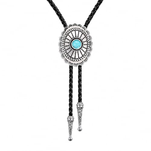 Image of Turquoise Bolo Tie for Men, Leather Braided Necktie Western Cowboy Bola Tie Costume Accessories for Men Women