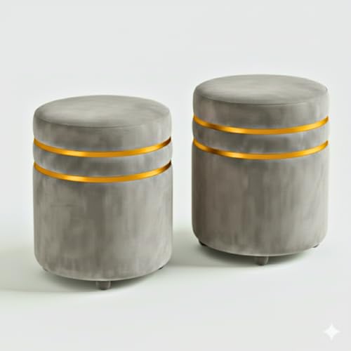 Image of Decorative Ottoman Pouffes for Sitting - Two-Piece Set of Puffy Stools and Footstools - Round Ottoman Stool for Living Room Furniture (Grey)