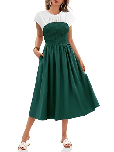 Wenrine Sommerkleid Damen Kurzarm Kleider Lang A-Linie Casual Maxikleid mit Taschen, Grün, S