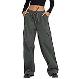 Generic Warm Hose Damen Frauen Baggy Cargohose mit niedriger Taille, ästhetischer Kordelzug, lose Tasche, Joggerhose, Hippie-Punk-Streetwear Segelbekleidung Damen Hose