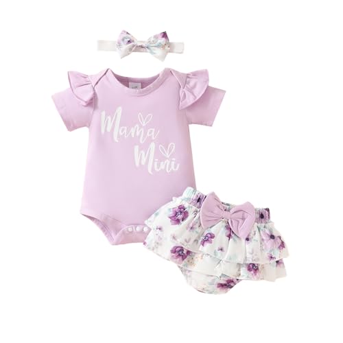 Image of Tiny Cutey Baby Girl Clothes Infant Summer Outfits Set Ruffle Sleeve Romper and Floral Shorts with Headband