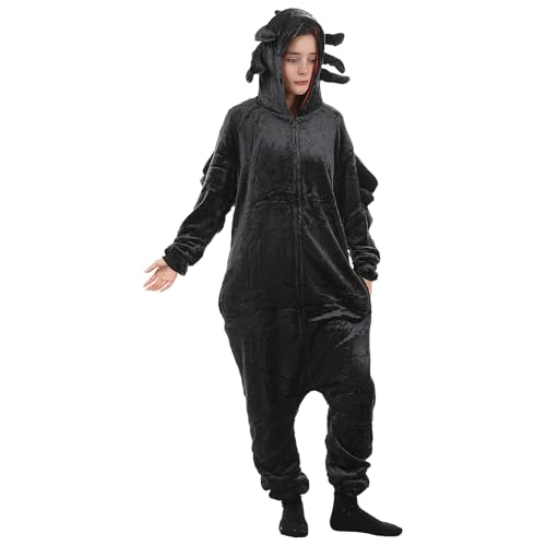 Disfraz de dragón para adultos, disfraz de dragón para adultos, pijamas para hombres y mujeres, Halloween, cosplay, fiesta, carnaval, Navidad (negro, L)