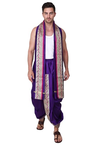 Image of Rameshwaram Fabrics Readymade Dhoti for Men, Velcro Style Stitched Mens Silk Dhoti Pant with Stole Set