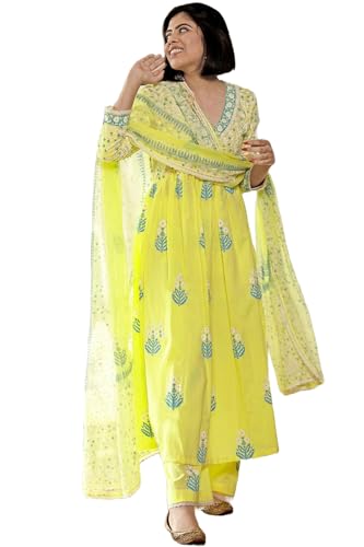GoSriKi Women's Rayon Blend Anarkali Printed Kurta with Pant & Du...