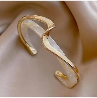 MITH SB TAKI Paslanmaz Çelik Manşet Bilezik, Altın Rengi, Sedef Detaylı, Unisex, Dalga Tasarımlı, Yetişkin, 7x5.5 cm, 18K Altın Kaplama - Görsel 2