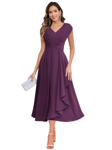 SOLODISH Mother of The Bride Dresses for Wedding Tea Length Chiffon A Line Formal Wedding Guest Party Gown