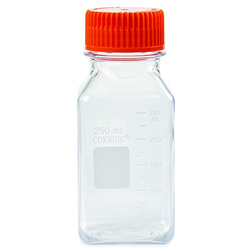 Corning 431531 Square PET Wide Mouth Bottle with 45 mm Cap, Orange Cap, Sterile, Individually Wrapped, 250 mL Capacity (Single)