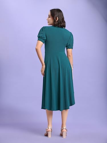 Image of PURVAJA Women's Fit & Flare Knee Length Short Sleeve Turtle Neck Solid Dress