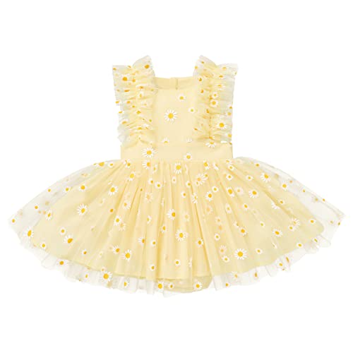 Toddler Baby Flower Girl Ruffle Sleeve Romper Dress Polka Dot Tulle Dresses Shiny Sequins Pageant Princess Wedding Prom Dress Christening Baptism Easter Birthday Dresses Yellow 18-24 Months