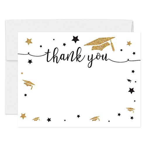 Andaz Press White and Gold Glittering Graduation Party Collection, Blank Thank You Notes with Envelopes, 20-Pack
