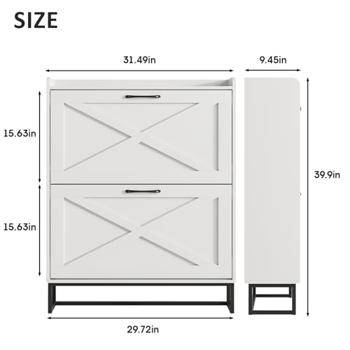 Maupvit Shoe Cabinet with 2 Flip Drawers, Freestanding Shoe Cabinet Organizer with Metal Legs, Shoes Storage Cabinet for Entryway, Narrow Shoe Rack Cabinet, White