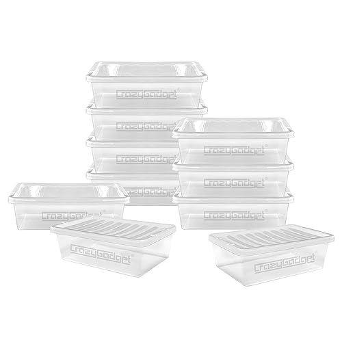 CrazyGadget® 32L 32 Litre Large Big Plastic Storage Clear Box Strong Stackable Container - Made In U.K. - Pack of 10