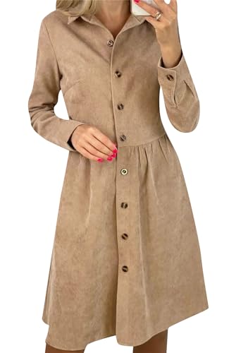 EFOFEI Damen Langes Unifarbenes Cordkleid Revers Taillierte Business Style Kleider Khaki XXL