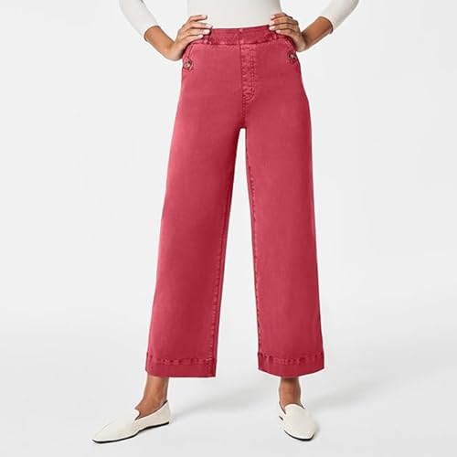 Tummy Control Twill Cropped Wide Leg Pant, Plus Size Wide Leg Denim Pants,Petite Crop Trousers Stretch (Rose Red, XL)3