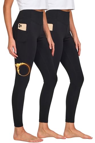 Ultra Performance Lightweight Brushed Fleece Lined Leggings Women 2 Pk High Waisted Compression Womens Leggings with Pockets Black/Black