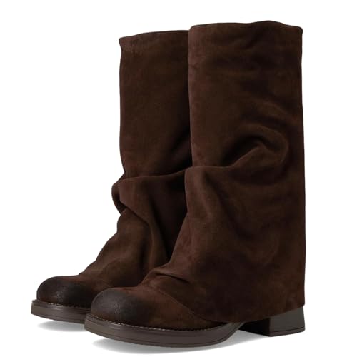 KysBloes Mid Calf Slouch Boots for Women Chunky Heel Fold Over Boot Closed Toe Comfortable Slouchy Moto Boots