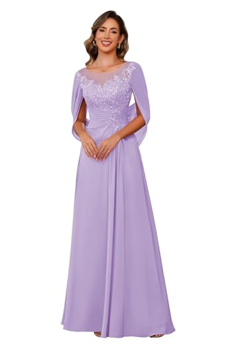 RSOETOO Lace Appliques Mother of The Bride Dress for Women Long Chiffon Cape Sleeve Lace Mother Groom Dresses RO209