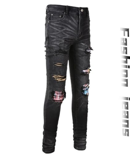 Jeans Pants Trouser Denim Men Perforated Elastic Stretch Slim Fit Street Trendy Worn Hole Black Personalized Printed Graffiti Casual Small Leg(Black,33)3