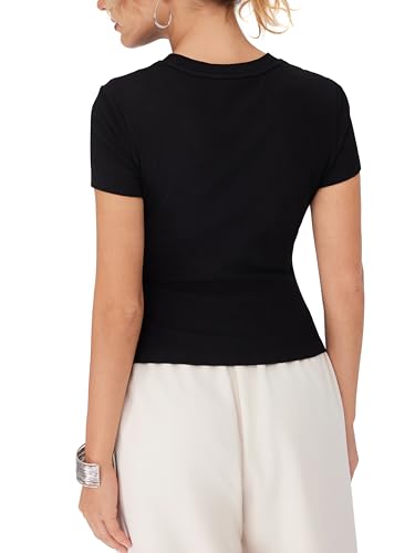 CIDER Women's Summer Tops Crew Neck Short Sleeve Ribbed T-Shirt Asymmetric Hem Tops for Summer3