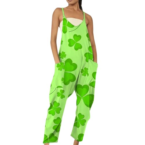 Trajes para el Día de San Patricio para mujer, talla grande, sin mangas, tirantes delgados, pierna ancha, overol de fiesta con estampado de trébol irlandés de la suerte, overol de moda, overol de