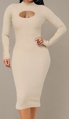 Image of Oxgmoky Women's Church Long Sleeve Sweater Dress Ribbed Bodycon Midi Work | Soft ribbed knit bodycon midi sweater dress with sleeveless cut and round neck for church, work and dinners