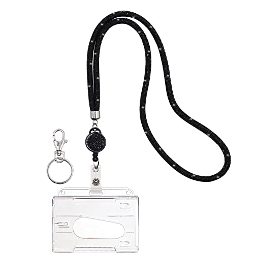 Mczcent Llaves Cuello de Cristal con Porta Tarjetas Identificativas Rigida y Llavero, Neck Strap Lanyard con ID Card Badge Holder Llavero Colgante Cuello de Cristal con Portatarjetas, Negro