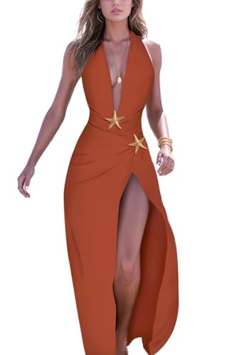 Womens 2 Piece Swimsuit Sexy V Neck Backless Halter Starfish Splited Skirt Cover Up Swimwear Sets Vacation Beachwear