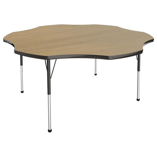 Image of FDP Flower (60 x 60 inch) Collaborative Classroom Table with Adjustable Standard Ball Glide Legs (19-30 in); School and Office Furniture - Pasadena Oak Top /Black Edge and Legs