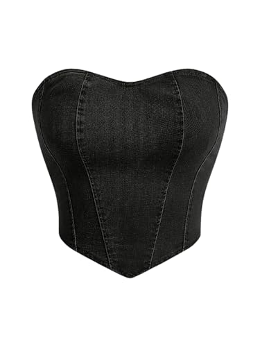 Floerns Women's Strapless Tube Denim Tube Top Asymmetrical Hanky Hem Bandeau Tops