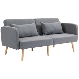 HOMCOM Canapé Convertible 3 Places, canapé-lit 2 Places, Dossier inclinable et accoudoirs réglables, clic clac en Tissu Effet Lin, Pieds en Bois Massif, 2 Coussins lavables, Gris