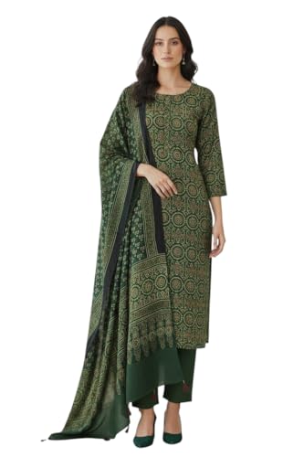 Image of Eddika naturally dyed women's unstitched 2-piece Ajrakh Hand Block Printed Modal Silk dress material. (Top & Dupatta) Endmstpss029