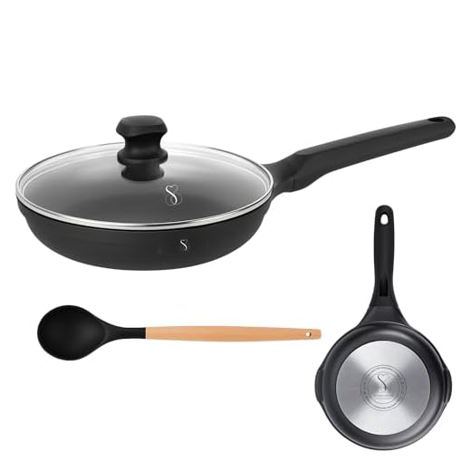 Stone&Stone Padella 24 cm estremamente Antiaderente e resistente in pietra fondo in acciaio | induzione | padelle chef professionale sviluppata con tecnologia tedesca + coperchio + cucchiaio