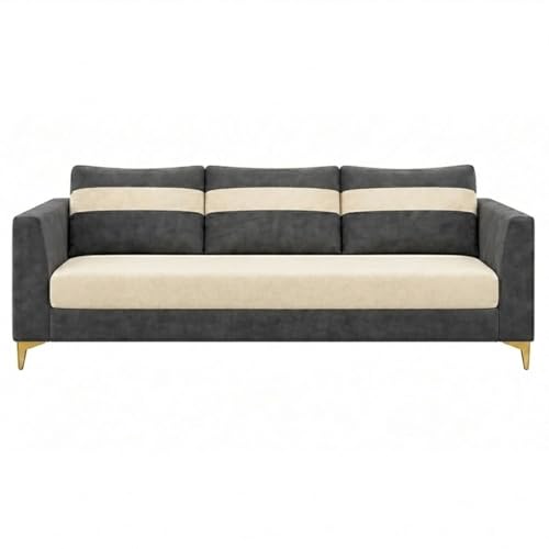 Image of FURNY Nova 5 Seater L Shape Sofa Set with 2 Movable Ottoman | Flexible Left or Right Layout | Plush Velvet Fabric (Dark Grey-Cream) | Perfect for Living Room, Guest Room & Office