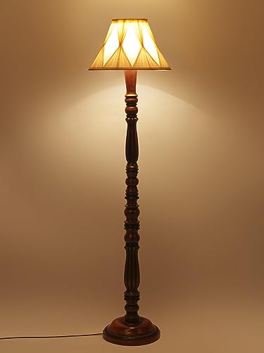 Image of Curtain Pleated Off-White Cotton Floor Lamp with Wooden Base - Height 53 Inches | Elegant Standing Lamp for Living Room, Bedroom & Office | Stylish Home Decor & Lighting