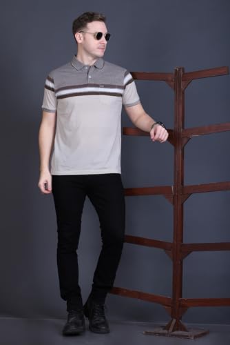 Image of GODFREY Striped Tshirt Shirts Men Cotton Polo T Shirt for Man with Pocket - Regular Fit Half Sleeve Collar T Shirts for Men
