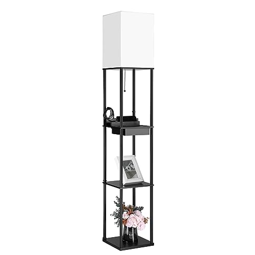BBHome Moderna lámpara de pie con estante de madera y metal, 3 temperaturas de color, 2 puertos de carga USB y 1 cajón, lámpara de pie LED regulable para salón, dormitorio, negro (con bombilla)