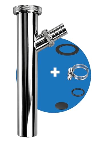 FEINER® Edelstahl Universal Verstellrohr Abflussrohr 1 1/4 Zoll x 200 mm x Ø 32 mm Tauchrohr mit Geräteanschluss, Rohr für Waschbecken Siphon an Wasch,- Spülmaschine verchromt + Gratis-Schlauchschelle