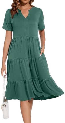 Women's V Neck Dress 2025 Lounge Fashion Casual Loose Fit Flowy Swing Tiered Vacation Dresses