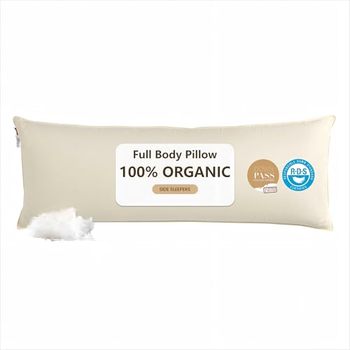 Goose Down Body Pillows for Adults Large Body Pillow for Side Sleeper Hugging Feather Body Pillow Insert Cooling Full Length Long Pillow for Bed with 100% Organic Cotton Shell Beige 20x54