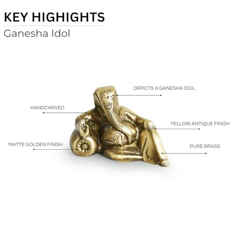 Image of ExclusiveLane 'Resting Brass Ganesha' Idol Showpiece in Pure Brass (2 Inches, 0.3 kg) | Handcarved Brass Ganesha Idol for Home Decor and Gifting Ganpati Idol for Home Decor Living Room