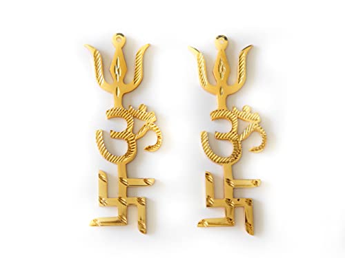The Spiritual Living Swastik for Door Entrance II Brass Swastik Om Trishul Trishakti Yantra II Main Door Entrance II Vastu Remedies II Golden II 5 Inches Approx II Pack of 2