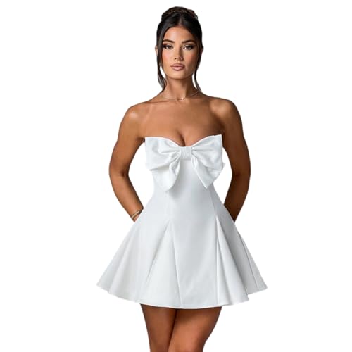 Image of JUMISEE Women's Elegant Bow Strapless Homecoming Dress A Line Swing Tube Mini Dress Short Evening Party Prom Dress