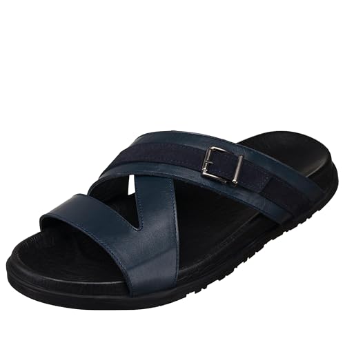 DALGALA Men's Navy Blue Leather Big Size Wide Fit Handmade Sandals Summer Shoes