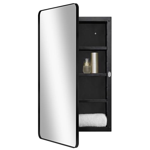 Fundin Black Plastic Medicine Cabinet, Mirror Door with Round Corner Metal Frame, Recessed and...
