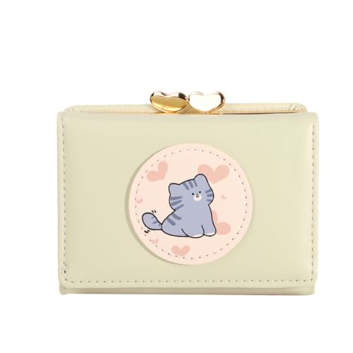 Image of Valerie Cute Small Wallets Clutch for Teen Girl Women PU Leather Trifold Small Wallet Cash Pocket 3D Buckle Card Holder Coin Purse with ID Window for Girls Women (Green cat)