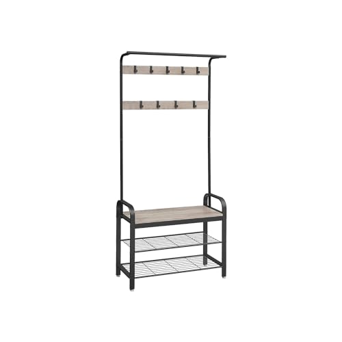 VASAGLE Appendiabiti con Scarpiera, Mobile da Ingresso con Panca, 4 in 1, 9 Ganci Rimovibili, Barra Attaccapanni, Entrata Corridoio, 33,7 x 84 cm, Industriale, Greige e Nero HSR400B02