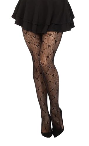 Simply Joshimo Womens Patterned Fishnet Fashion Tights - Love Heart Valentines Pattern - Black